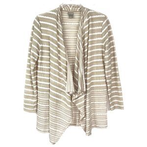Chico’s Beige White Striped Open Front Long Sleeve Cardigan Small